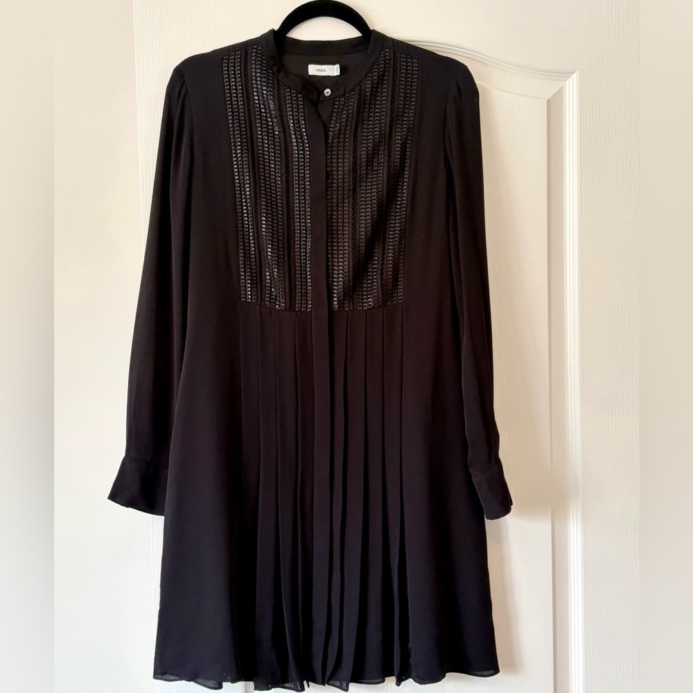 Vince Black Pleated Long Sleeve Mini Dress Size Small